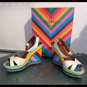 VALENTINO GARAVANI Leather & Multicolor Wedge Sandals Heels w/Box Size 37.5 7.5